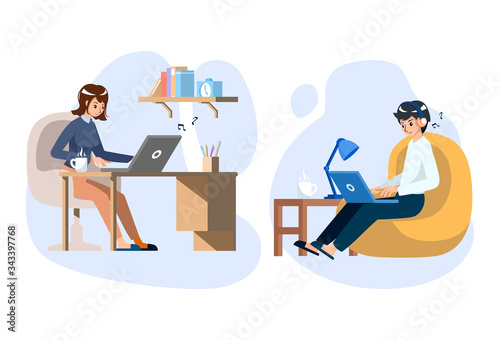 Man and woman people freelancers  working on laptop or computer at home in quarantine. Vector illustration flat design concept.