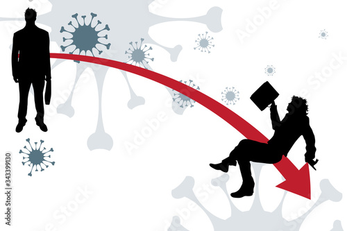 Vector illustration of economic crisis induced by coronavirus with businessman symbol.