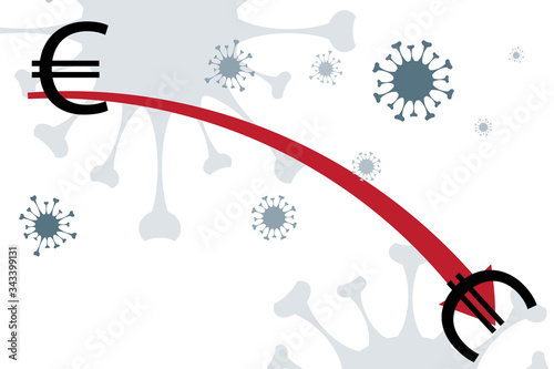 Vector illustration of economic crisis induced by coronavirus with euro symbol.