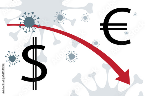 Vector illustration of economic crisis induced by coronavirus with dollar and euro symbol.