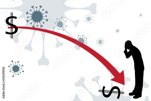 Vector illustration of economic crisis induced by coronavirus with businessman symbol.