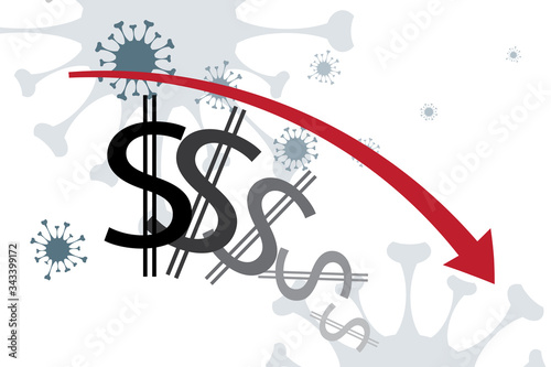 Vector illustration of economic crisis induced by coronavirus with dollar symbol.