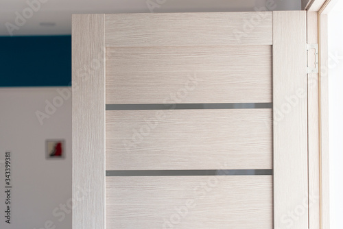 Close-up part of modern wooden door in living room, interior