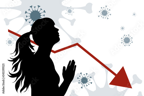 Vector illustration of economic crisis with sed woman and coronavirus symbol.