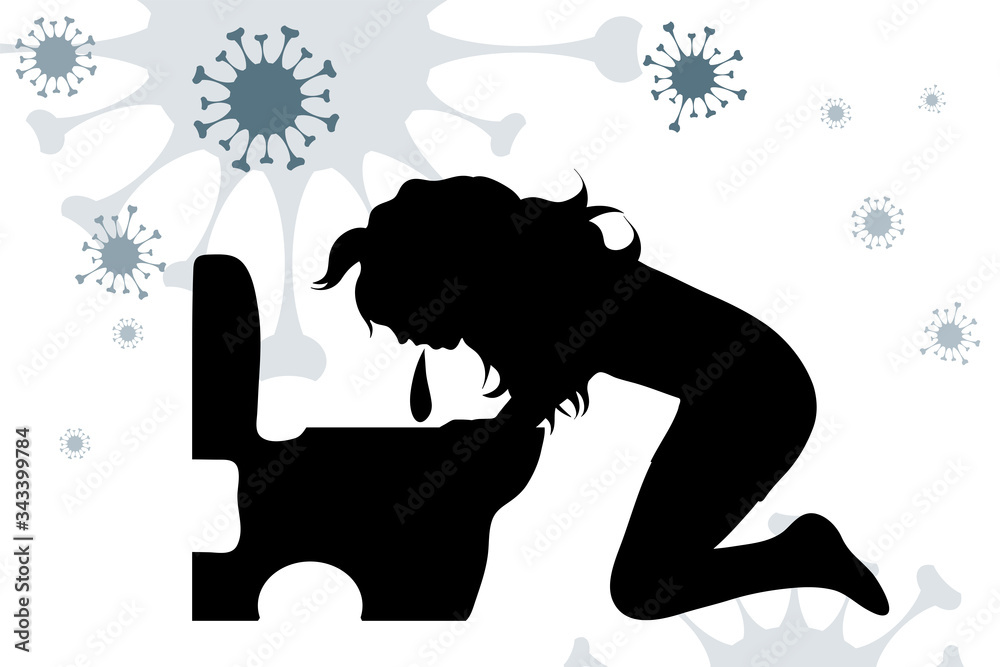 Vector illustration of vomiting woman by spreading virus sign in air