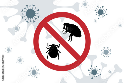 Vector silhouette no flea and tick on background with virus symbol. Symbol of stop diseases.