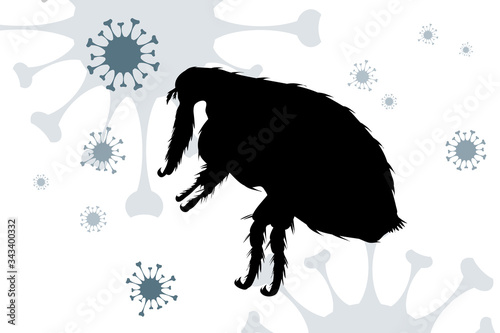 Vector silhouette of flea on background with virus symbol. Symbol of diseases.