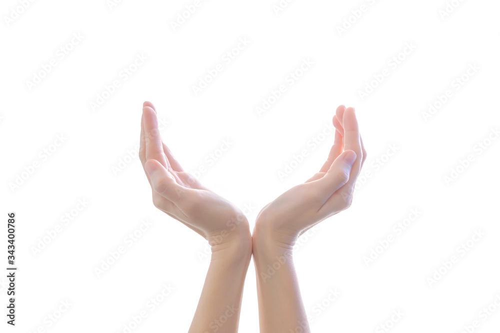Woman hands keep empty cupped palms together isolated on white background for charity, protection and care concept. Woman hands keep empty cupped palms together isolated on white background for charity, protection and care concept.