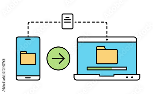 File transfer linear color illustration isolated on white. Smartphone to laptop wireless file transfer graphic design. Phone to computer file transfer with loading progress bar icon