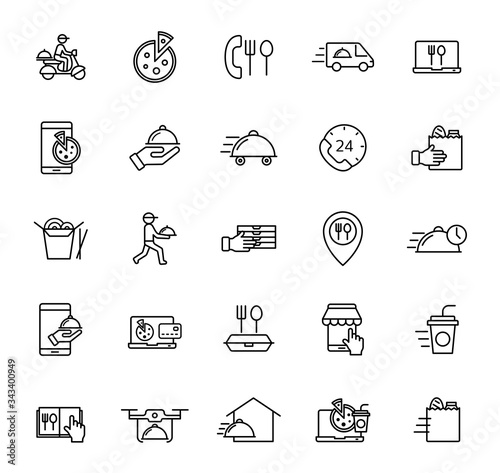Food delivery outline vector icons isolated on white background. Food delivery line icon set for web, mobile apps, ui design. Business design concept