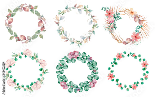 Watercolor illustration of a beautiful set floral wreath with spring flowers. Hand drawn elegant light pink flowers on white background