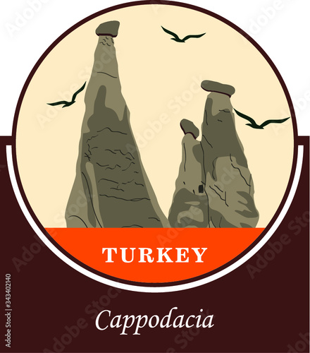 Vector illustration and silhouette drawing Cappadocia, Turkey - Vintage Poster Design. silhouette of a man in the mountains.