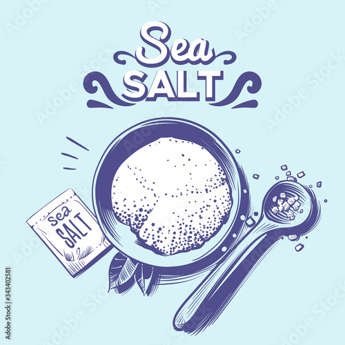Sea salt. Hand drawn salting crystals, sodium spice ingredient. Himalayan salt, spoon with powder, seasoning salt package vector poster