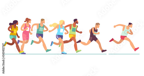Running people. Men and women in sports clothes on marathon race, athletics event, sports group jogging, web banner design vector concept