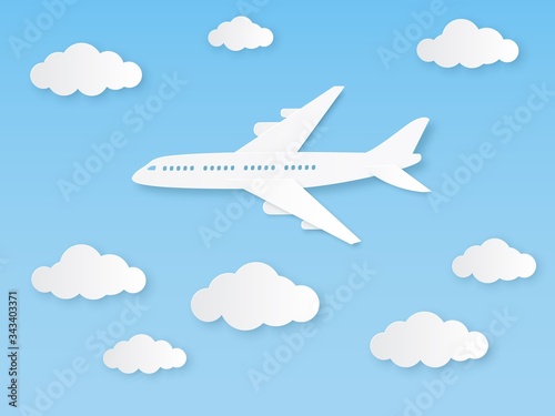 Aircraft in blue sky. Flight airplane and white clouds in origami style, aviation tourism. World travelling paper vector concept