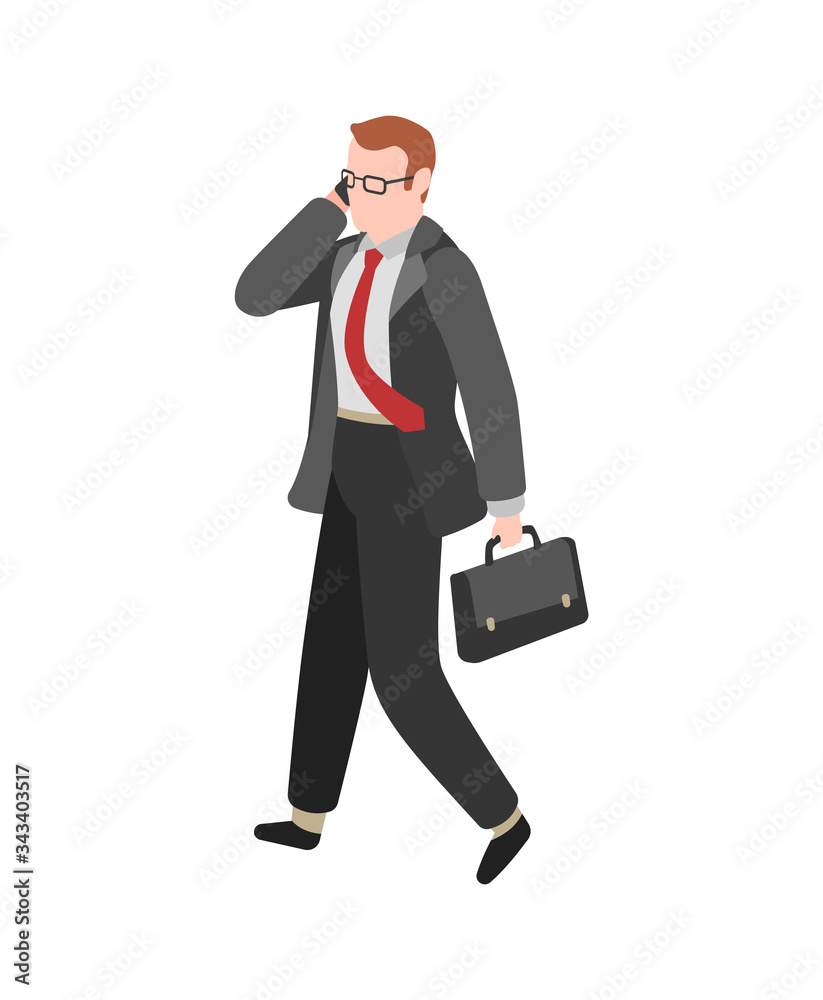 Businessman goes to work. Manager working with phone vector cartoon character Businessman goes to work. Manager working with phone vector cartoon character