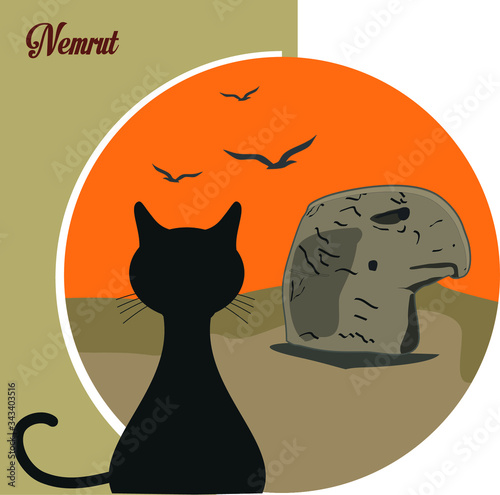 The cat that watches beautiful Nemrut – illustration - Vector illustration and silhouette drawing Adiyaman, Turkey - Vintage Nemrut Mountain Poster Design