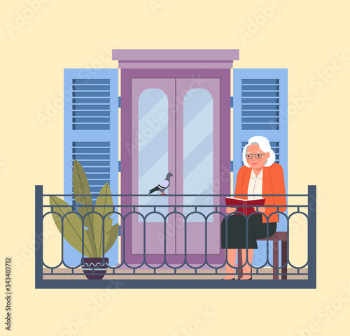 Senior woman is reading book on the balcony. Vector flat illustration.