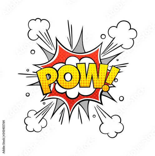 Comic Pow word. Vintage vector comics text with exploding cloud pattern for art book
