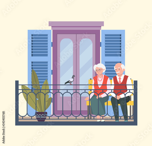Senior woman and man sitting on bench and feeding pigeons.Vector flat illustration.
