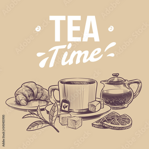 Sketch tea. Hand drawn objects for tea shop  mugs and kettle tea leaves and dried herbs  croissant and lemon slices vector background