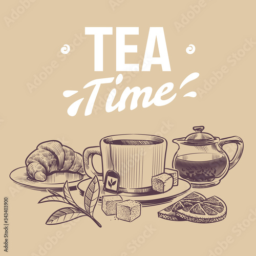 Sketch tea. Hand drawn objects for tea shop, mugs and kettle tea leaves and dried herbs, croissant and lemon slices vector background