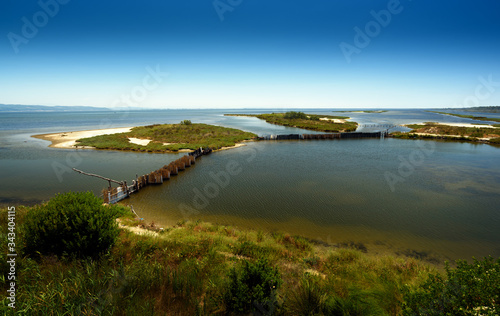Sunny, summer day in The Divjake-Karavasta National Park - view from the observation platform in the Lagoon of Karavasta. Divjake, Fier County  - Albanian Adriatic Sea Coast.
