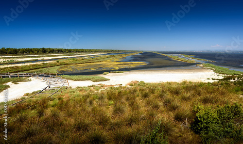 Sunny, summer day in The Divjake-Karavasta National Park - view from the observation platform in the Lagoon of Karavasta. Divjake, Fier County  - Albanian Adriatic Sea Coast.