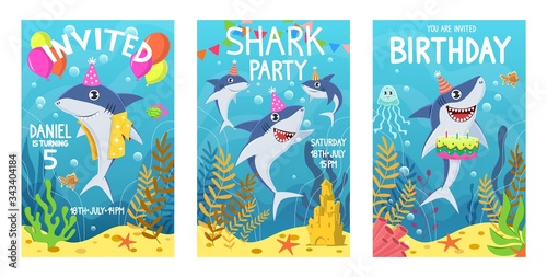 Invitations card with cute sharks. Color greeting card, undersea world animals. Shark, seaweed and fish kids party cartoon vector poster