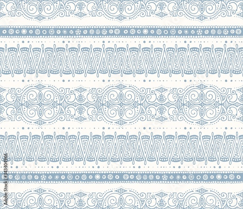 Abstract seamless pattern with horizontal ornaments, hand drawn border, vector illustration blue color on ivory background.