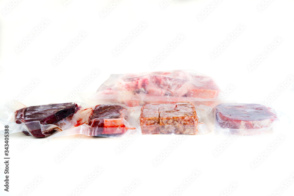 Frozen various raw meat wrapped in the plastic Frozen various raw meat wrapped in the plastic