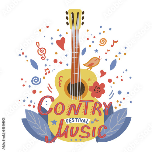 Illustration with acoustic guitar and hand lettering. Guitar concert flyer template. Flat hand drawn vector illustration.