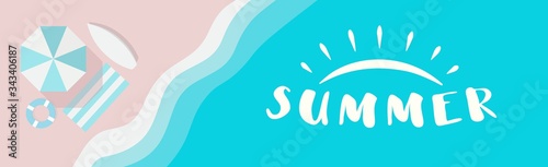 Summer wide vector banner with summer logo concept, Beach umbrella, deck chair, surf and pink sand lifebuoy next to the azure waves. Top view horizontal poster template. Cartoon illustration