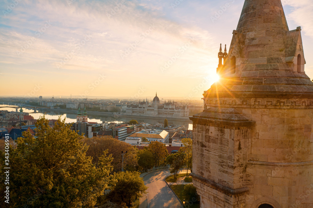 Hungary Budapest. Amazing aerial cityscape about the famous historical tourist attraction which name is Fisherman bastion. Fantastic spring mood early in the morning.