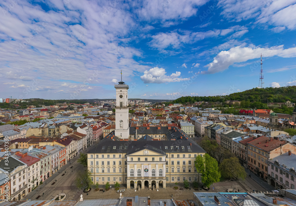View on Lviv city hall from drone