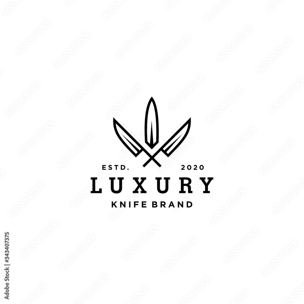 kitchenware utensil knife logo icon brand in elegant and luxury style with crown elemet, in trendy linear line illustration
