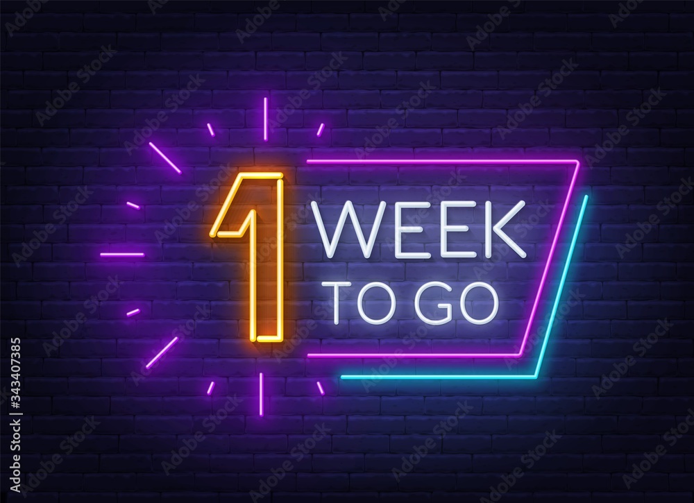 One week to go neon sign on brick wall background. Vector illustration. - obrazy, fototapety, plakaty 