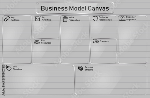 Business model canvas form with glass texture style and line on background