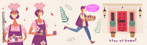 Contactless delivery of homemade cakes. Vector illustration.