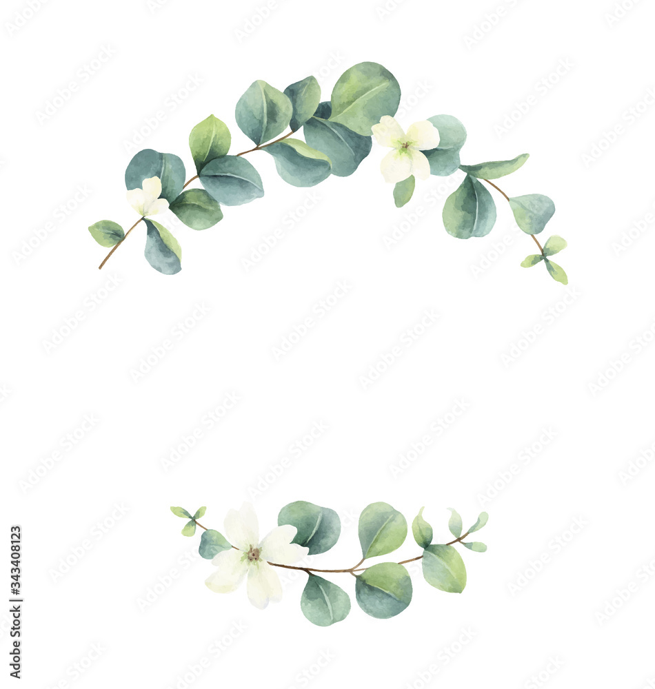 Watercolor vector frame with eucalyptus leaves and roses. Векторный объект  Stock | Adobe Stock