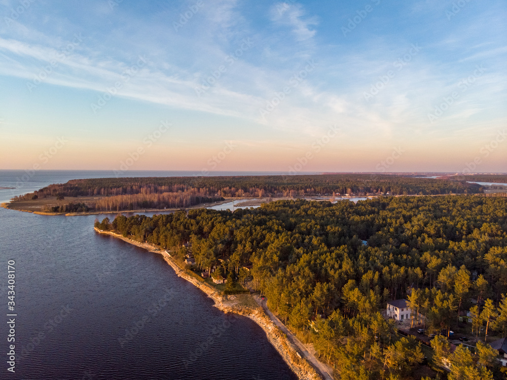Areal drone view of river Lielupe and pine forests near shore lines. Clear sky in sunset.