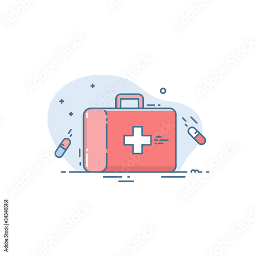 Medical bag icon. Red case in a linear flat style. Conceptual illustration of emergency medical care