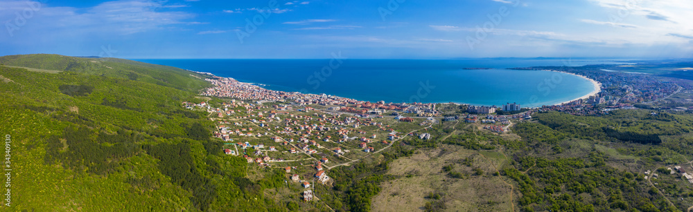 Aerial view of drone to sea resort Sunny Beach on the Bulgarian Black Sea coast