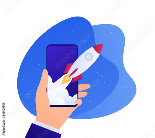 Smartphone business app concept. Vector flat illustration. Rocket launch as metaphore of startup success. Businessman hand holding smart phone. Design for banner, poster, ui.