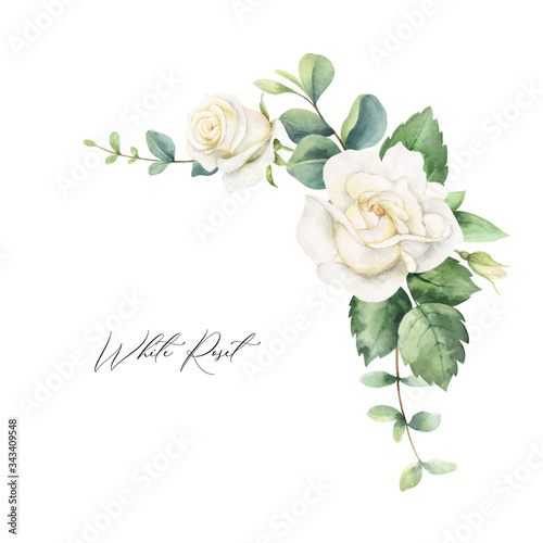 Watercolor vector frame with eucalyptus leaves and roses.
