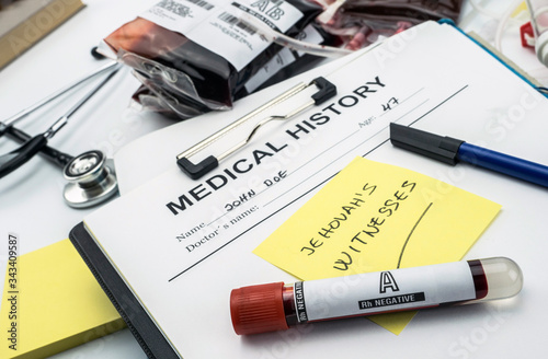 Photography Note warning that sick is Jehovah's Witness, concept of denial of blood transfus