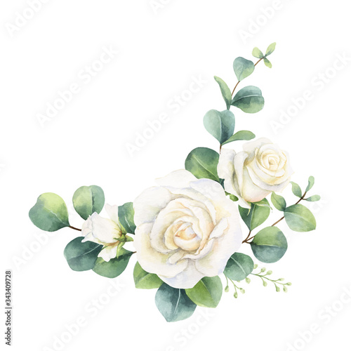 Fotografia Watercolor vector bouquet with eucalyptus leaves and roses.