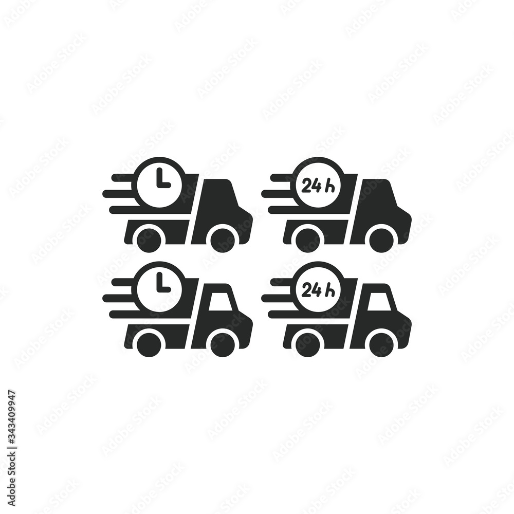 Twenty four hours delivery truck with a clock black isolated vector icon. 24 fast service.