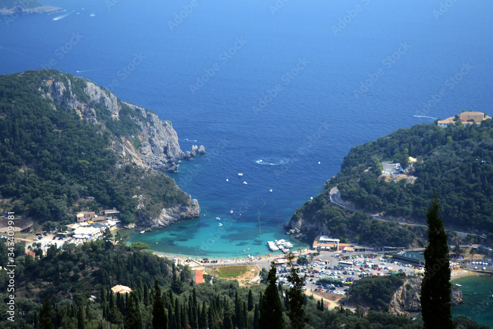 View of Paleokastritsa bays from Bellas Vista turistic point.  Corfu island, Greece.