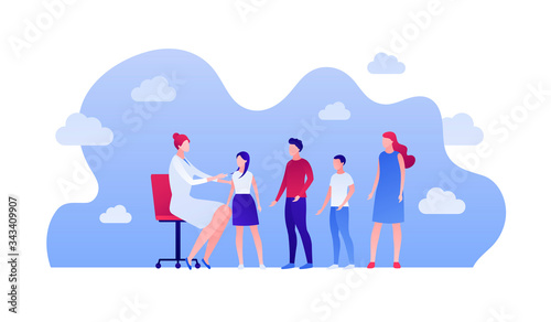 Vaccination campaign concept. Vector flat person illustration. Family character. Woman doctor shot injection by syringe to group of people. Design element for health care medical banner, poster.